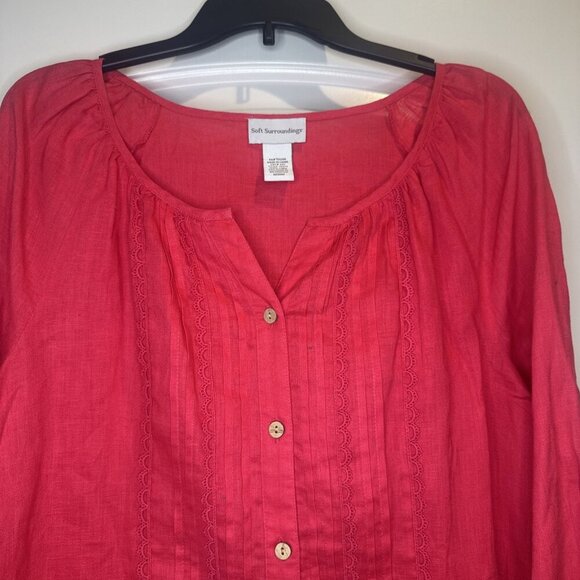 Soft Surroundings Pink Linen Roll Tab Sleeve Button Down Pleated Blouse Sz M - Picture 2 of 11